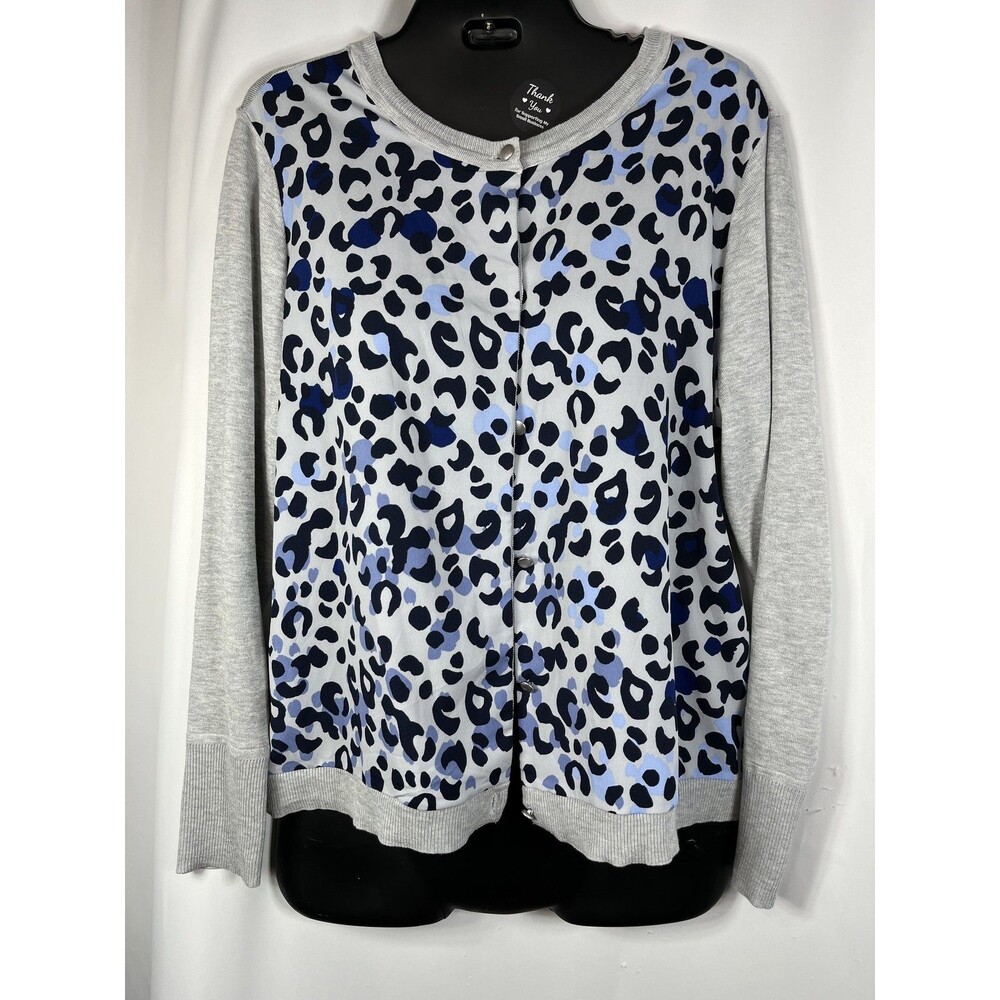 Chico's Sweater Cardigan Womens Size M 1 Gray Leopard Crew Neck Knit Long Sleeve